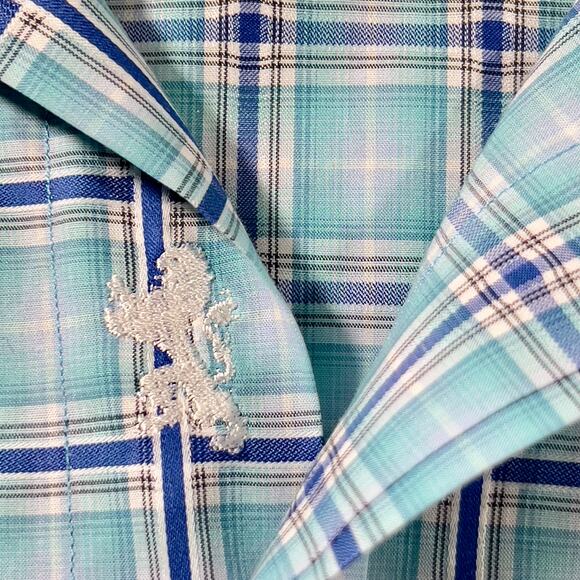 Bugatchi Uomo Button Shirt Men XXL ** Shaped Fit ** Flex Cuffs Blue White Check - Picture 2 of 13